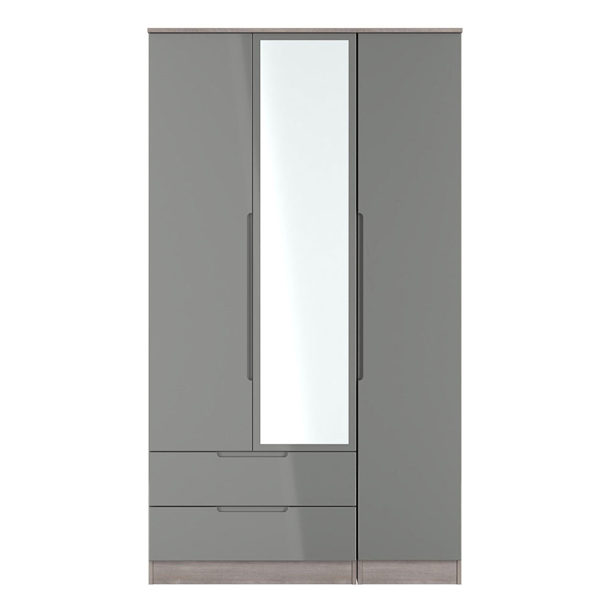 Milan Wardrobe - 3 Door - 1 Mirror - LHF 2 Drawer - Tall - Combi - Grey Gloss and Grey Oak