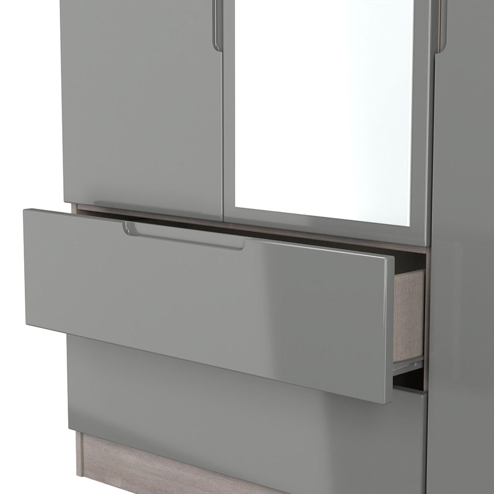 Milan Wardrobe - 3 Door - 1 Mirror - LHF 2 Drawer - Tall - Combi - Grey Gloss and Grey Oak