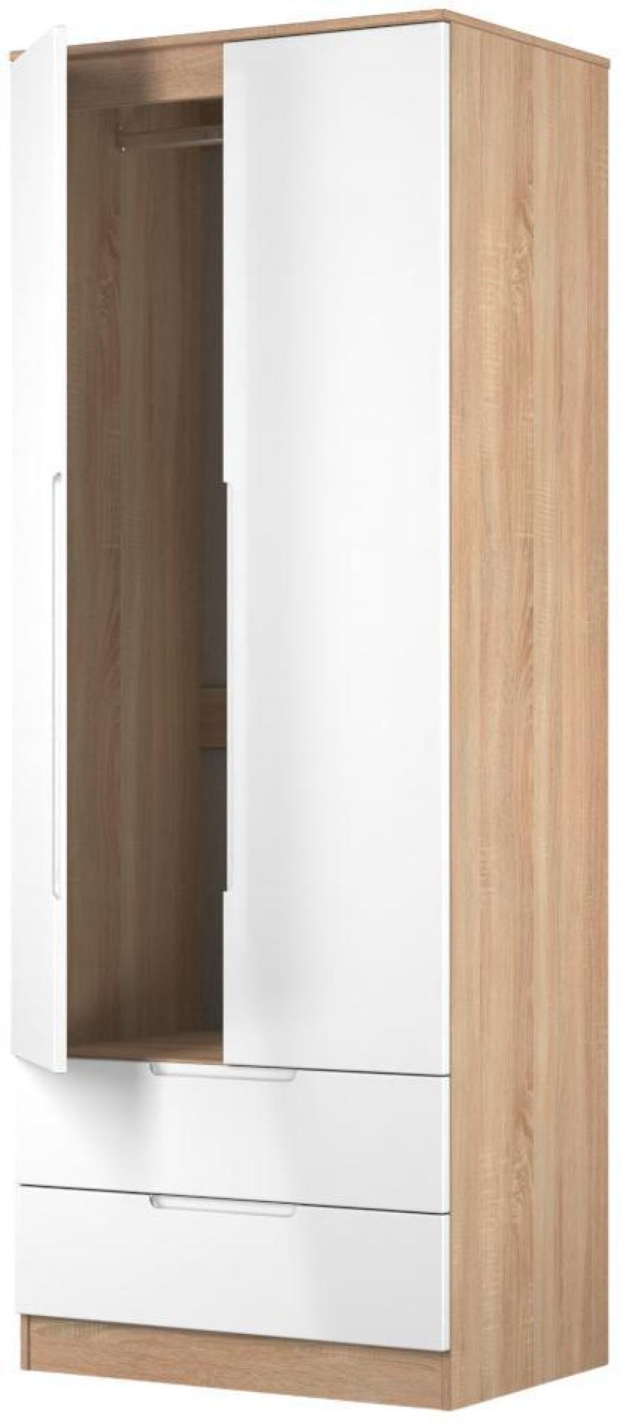 Milan Wardrobe - 2 Door - 2 Drawer - Double - White Gloss and Oak