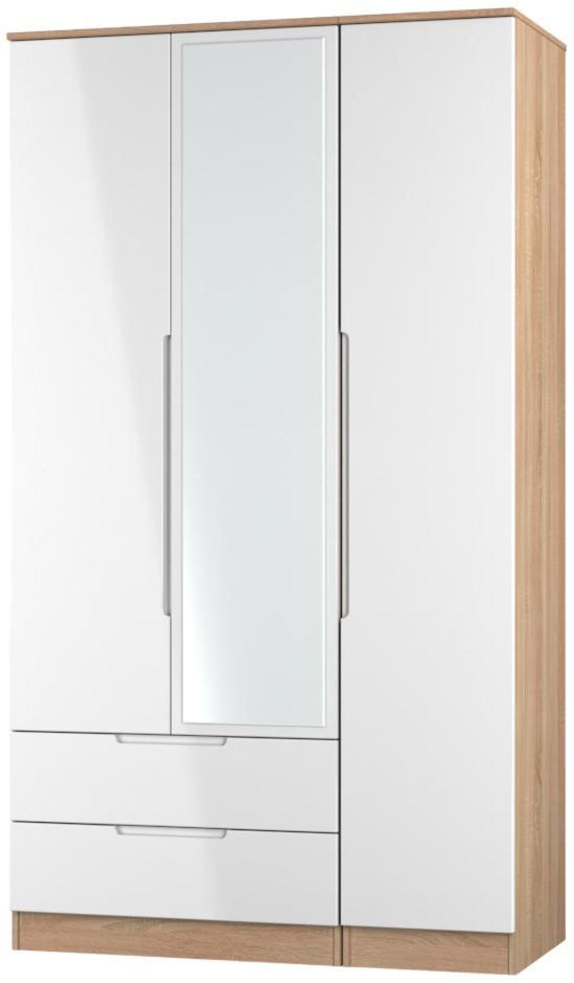Milan Wardrobe - 3 Door - 1 Mirror - LHF 2 Drawer - Tall - Combi - White Gloss and Oak