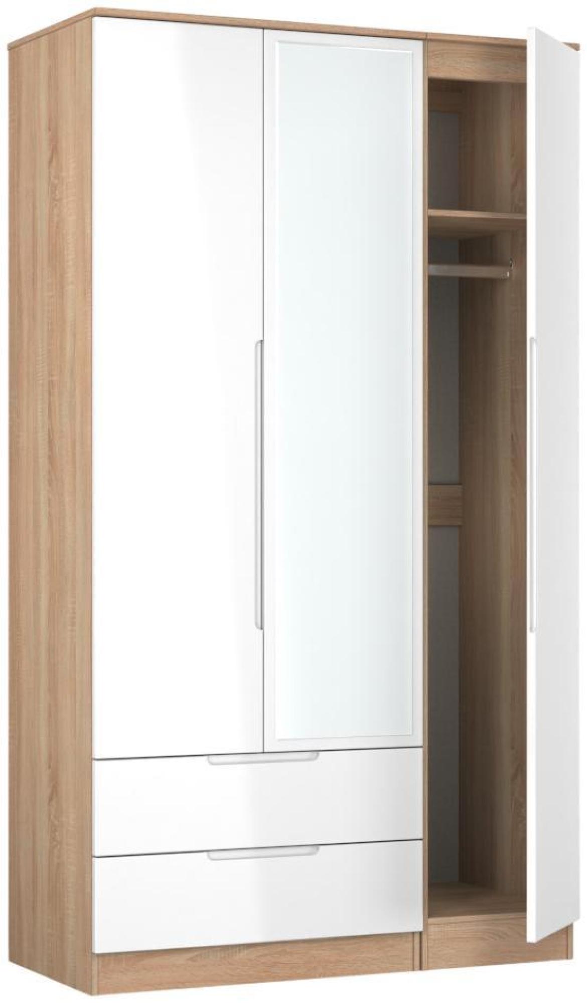 Milan Wardrobe - 3 Door - 1 Mirror - LHF 2 Drawer - Tall - Combi - White Gloss and Oak
