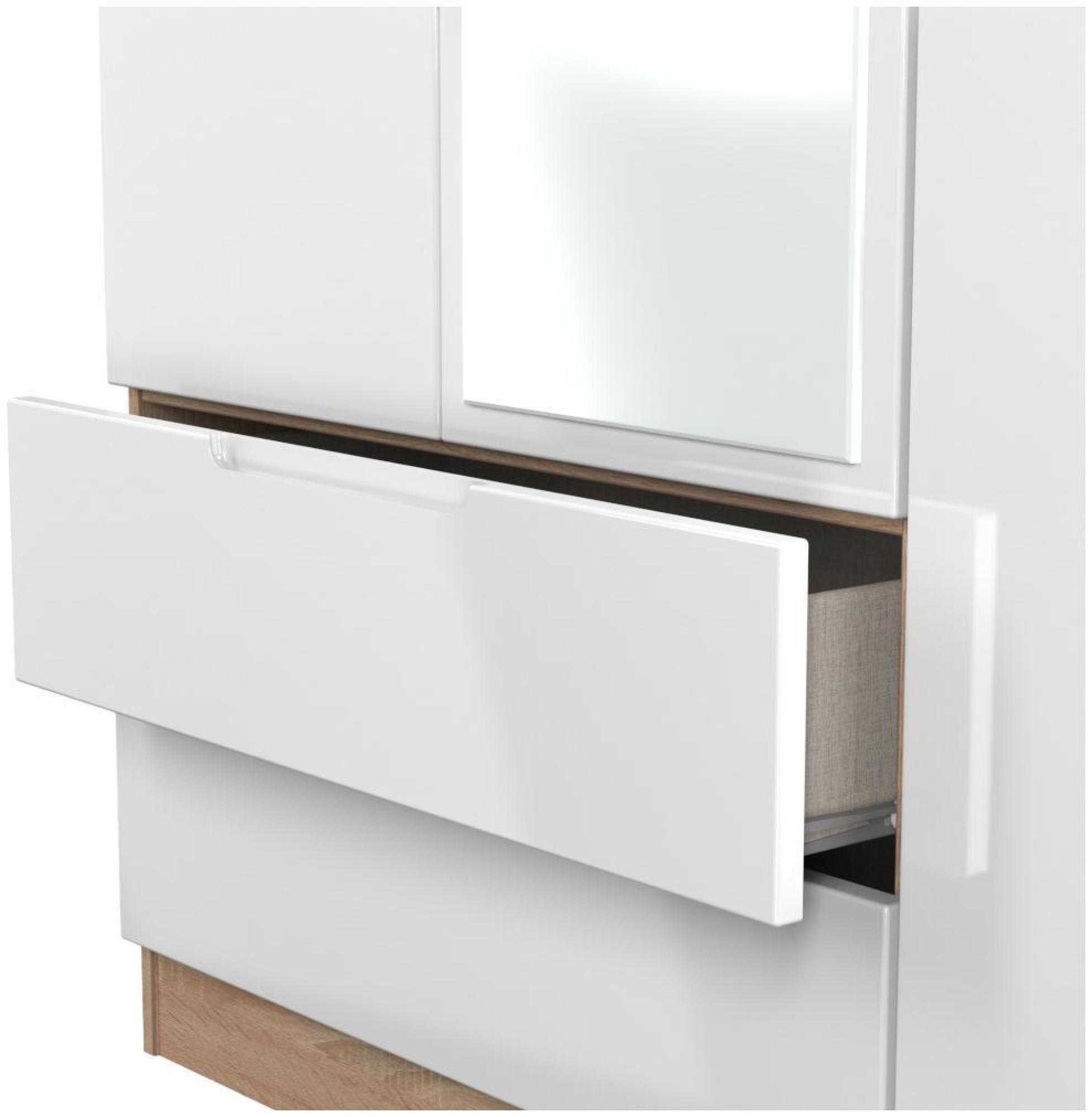 Milan Wardrobe - 3 Door - 1 Mirror - LHF 2 Drawer - Tall - Combi - White Gloss and Oak