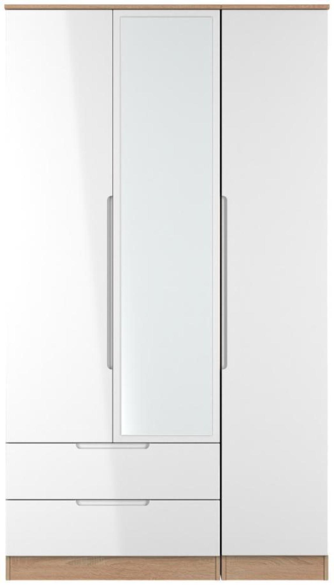 Milan White Gloss and Oak Effect 3 Door Tall Combi Wardrobe - 1 Mirror and LHF 2 Drawers