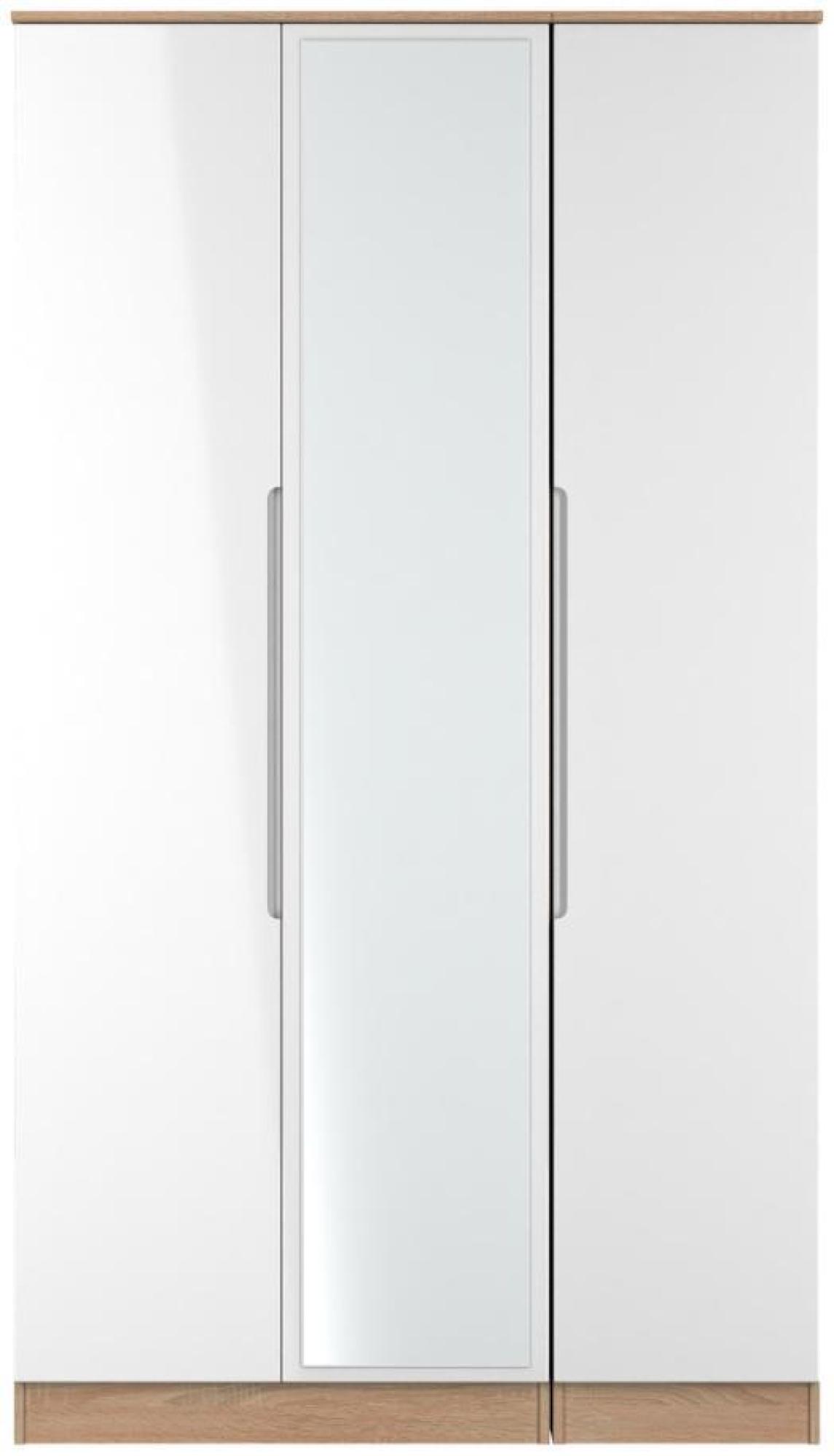 Milan White Gloss and Oak Effect 3 Door Tall Triple Wardrobe - 1 Mirror