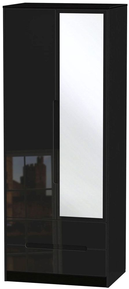 Monaco Black Gloss 2 Door Tall Combi Wardrobe - 1 Mirror