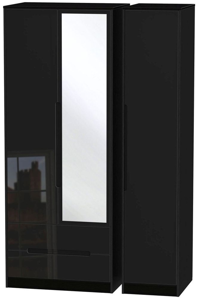 Monaco Wardrobe - 3 Door - 1 Mirror - LHF 2 Drawer - Tall - Combi - Black Gloss