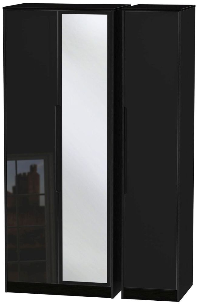 Monaco Black Gloss 3 Door Tall Triple Wardrobe - 1 Mirror