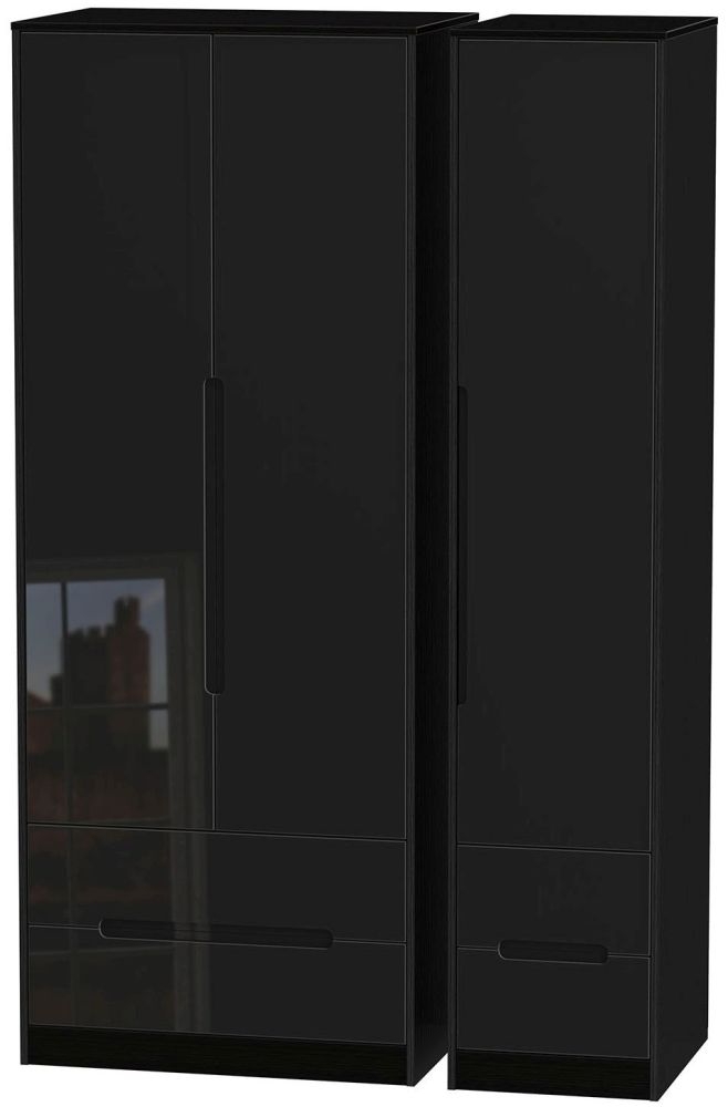 Monaco Wardrobe - 3 Door - 4 Drawer - Tall - Triple - Black Gloss