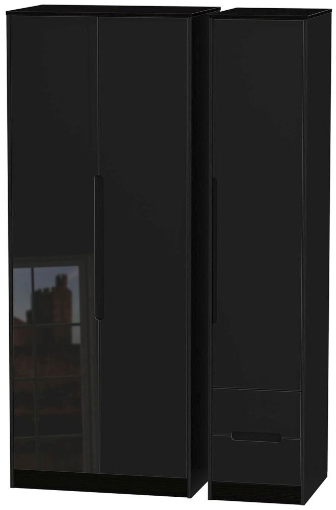 Monaco Wardrobe - 3 Door - RHF 2 Drawer - Tall - Triple - Black Gloss