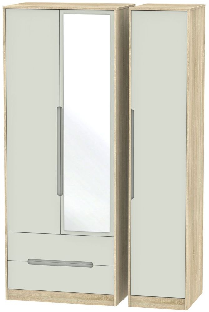 Monaco Cashmere and Oak Effect 3 Door Tall Combi Wardrobe - 1 Mirror and LHF 2 Drawers