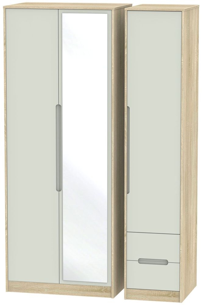 Monaco Cashmere and Oak Effect 3 Door Tall Combi Wardrobe - 1 Mirror and RHF 2 Drawers