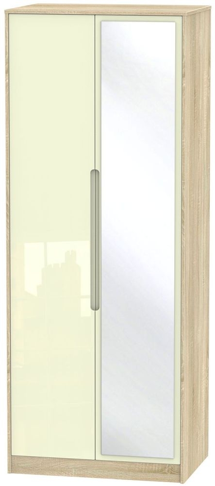 Monaco Cream Gloss and Oak Effect 2 Door Tall Wardrobe - 1 Mirror