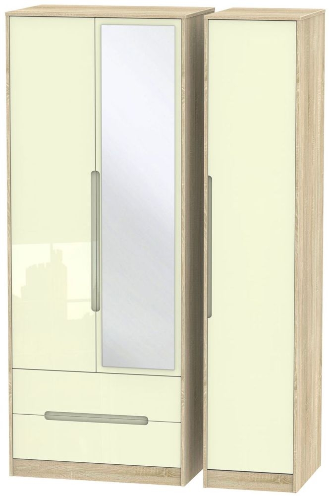 Monaco Cream Gloss and Oak Effect 3 Door Tall Combi Wardrobe - 1 Mirror and LHF 2 Drawers