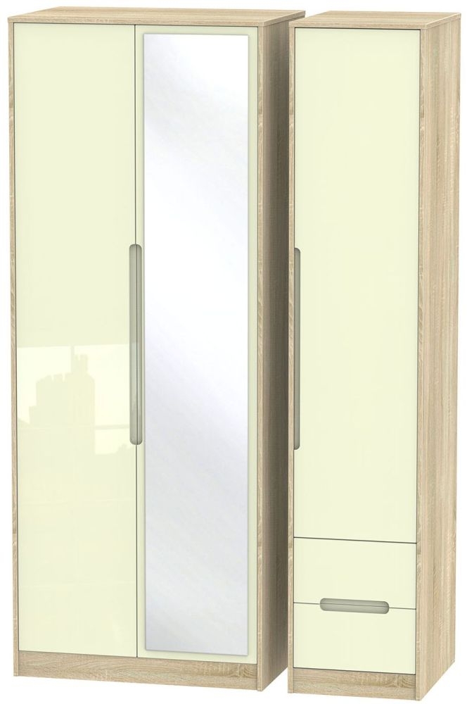 Monaco Cream Gloss and Oak Effect 3 Door Tall Combi Wardrobe - 1 Mirror and RHF 2 Drawers