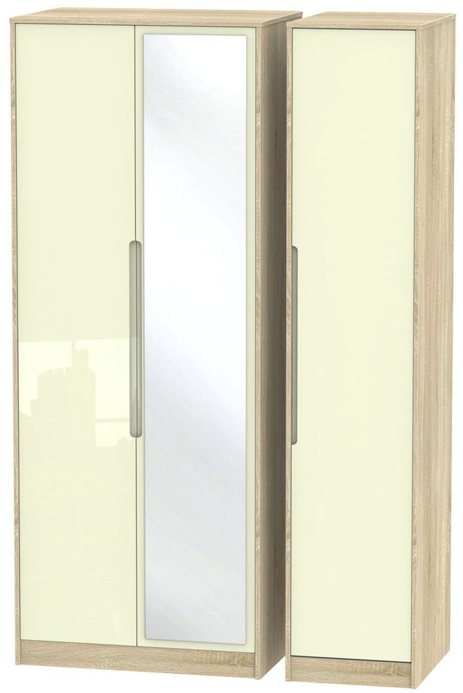 Monaco Wardrobe - 3 Door - 1 Mirror - Tall - Triple - Cream Gloss and Oak