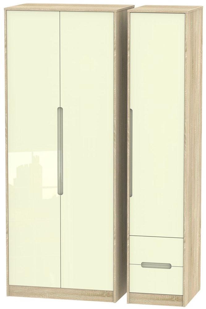 Monaco Wardrobe - 3 Door - RHF 2 Drawers - Tall - Triple - Cream Gloss and Oak
