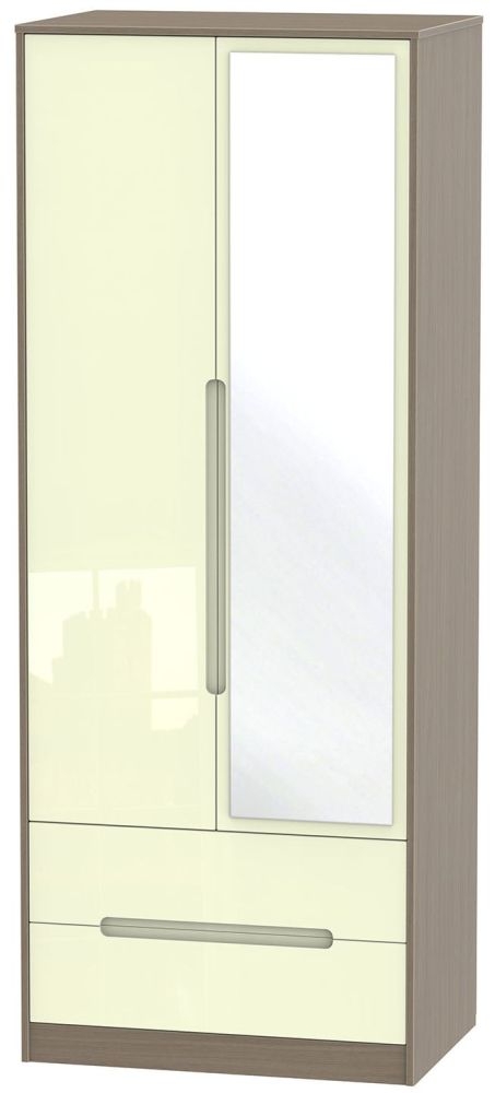 Monaco Cream Gloss and Toronto Walnut 2 Door Tall Combi Wardrobe - 1 Mirror