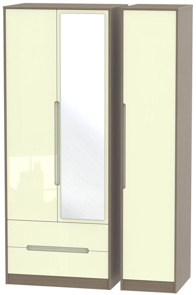 Monaco Wardrobe - 3 Door - 1 Mirror - LHF 2 Drawers - Tall - Combi - Cream Gloss and Toronto Walnut