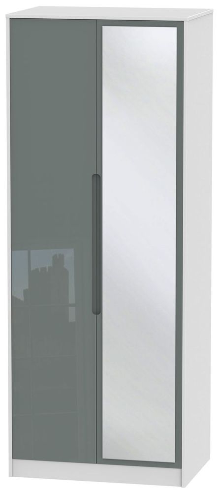 Monaco Grey Gloss and White 2 Door Tall Wardrobe - 1 Mirror