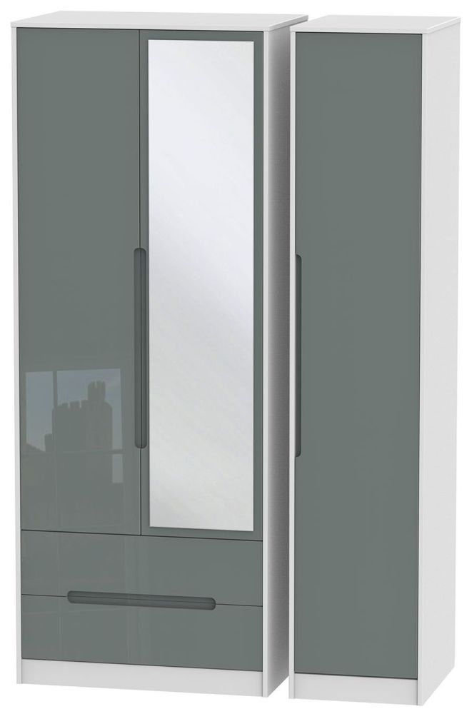 Monaco Grey Gloss and White 3 Door Tall Combi Wardrobe - 1 Mirror and LHF 2 Drawers