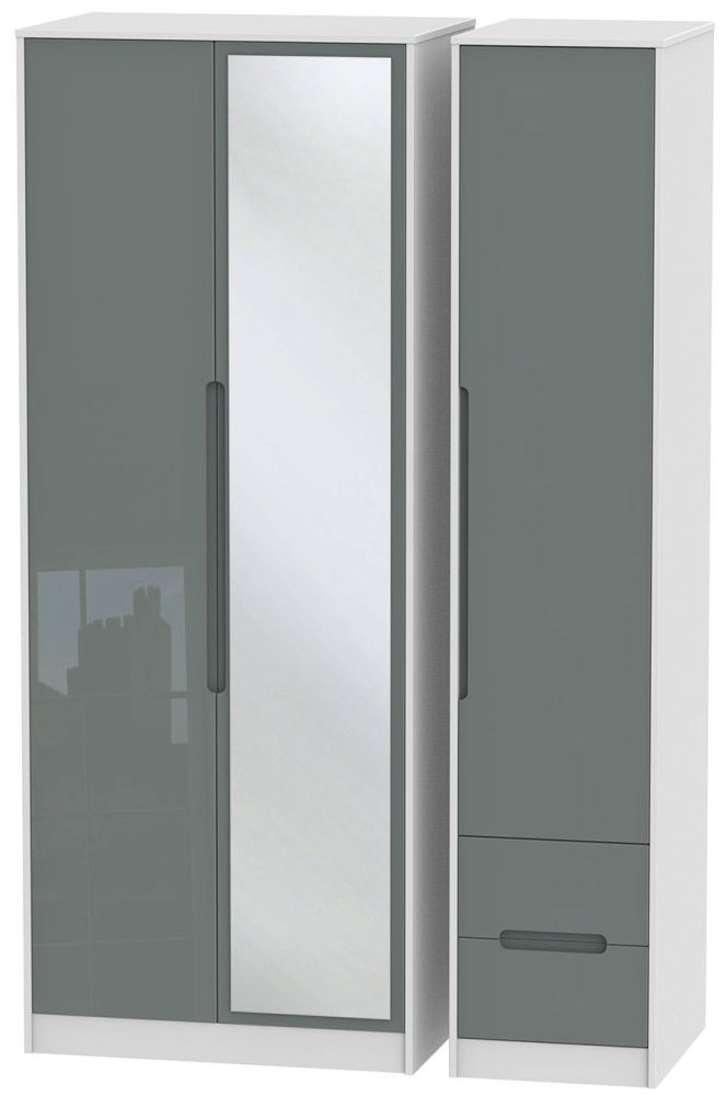 Monaco Wardrobe - 3 Door - 1 Mirror - RHF 2 Drawer - Tall - Combi - Grey Gloss and White