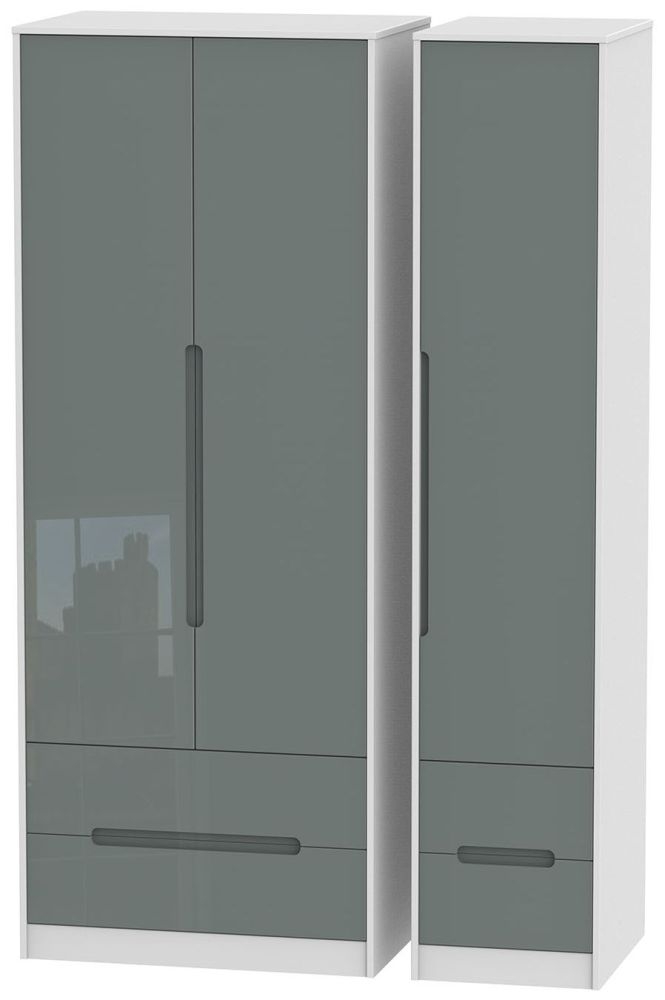 Monaco Grey Gloss and White 3 Door Tall Triple Wardrobe - 4 Drawers