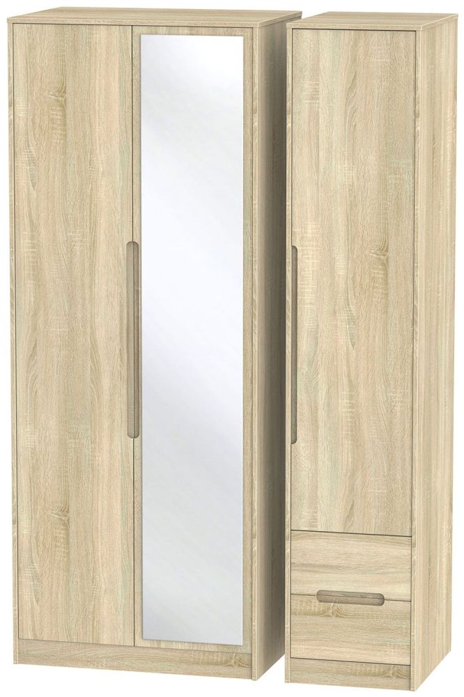 Monaco Oak Effect 3 Door Tall Combi Wardrobe - 1 Mirror and RHF 2 Drawers