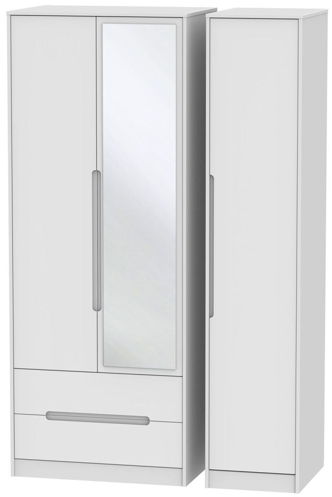 Monaco White 3 Door Tall Combi Wardrobe - 1 Mirror and LHF 2 Drawers