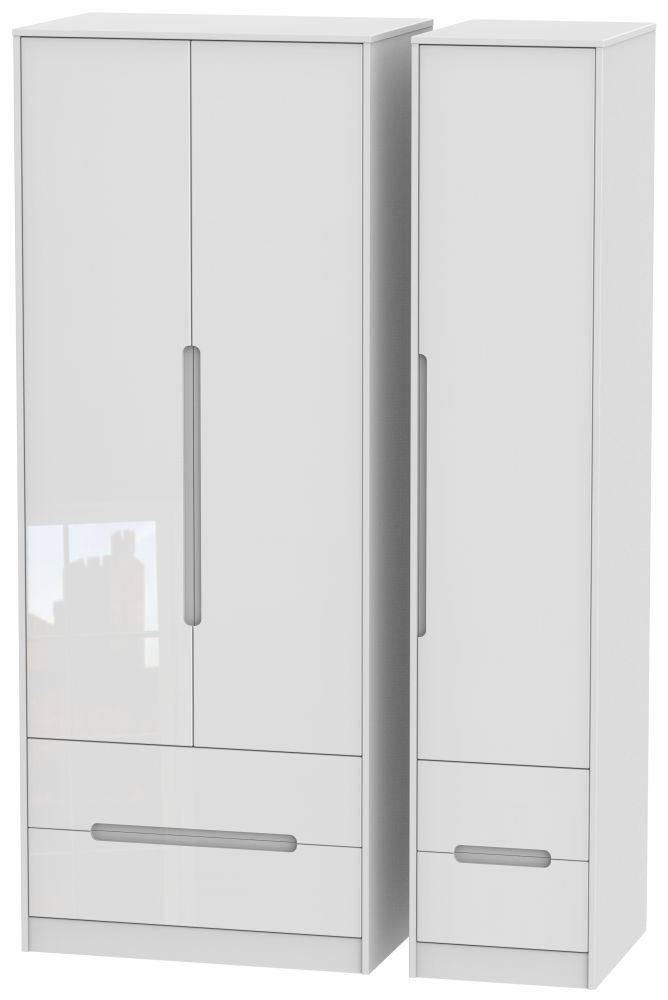Monaco White Gloss 3 Door Tall Triple Wardrobe - 4 Drawers