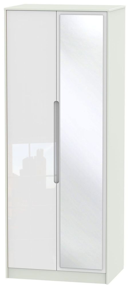 Monaco White Gloss and Cashmere 2 Door Tall Wardrobe - 1 Mirror