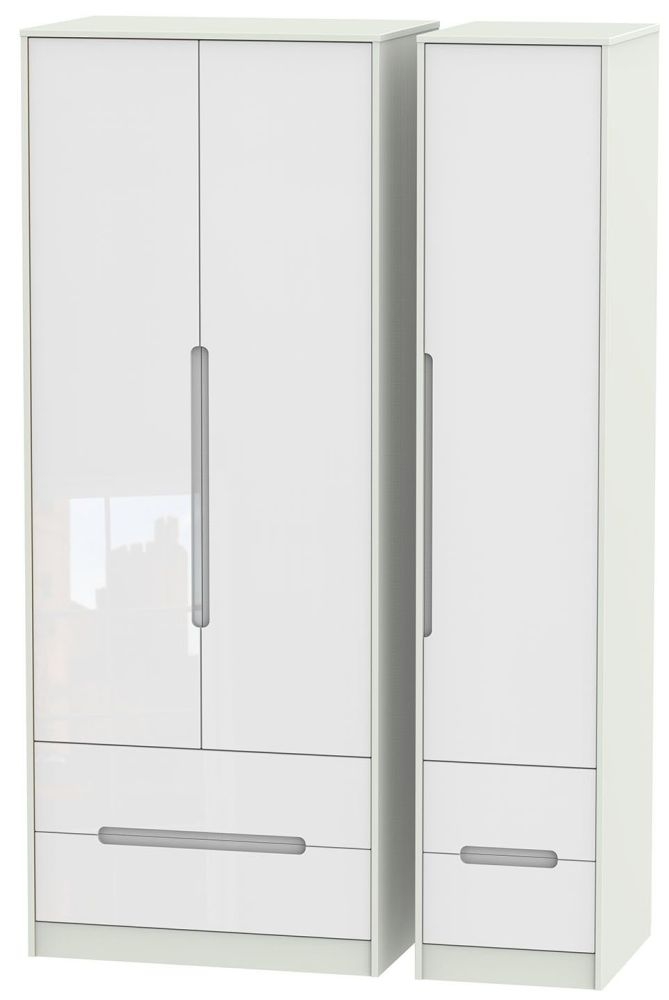 Monaco Wardrobe - 3 Door - 4 Drawers - Tall - Triple - White Gloss and Cashmere
