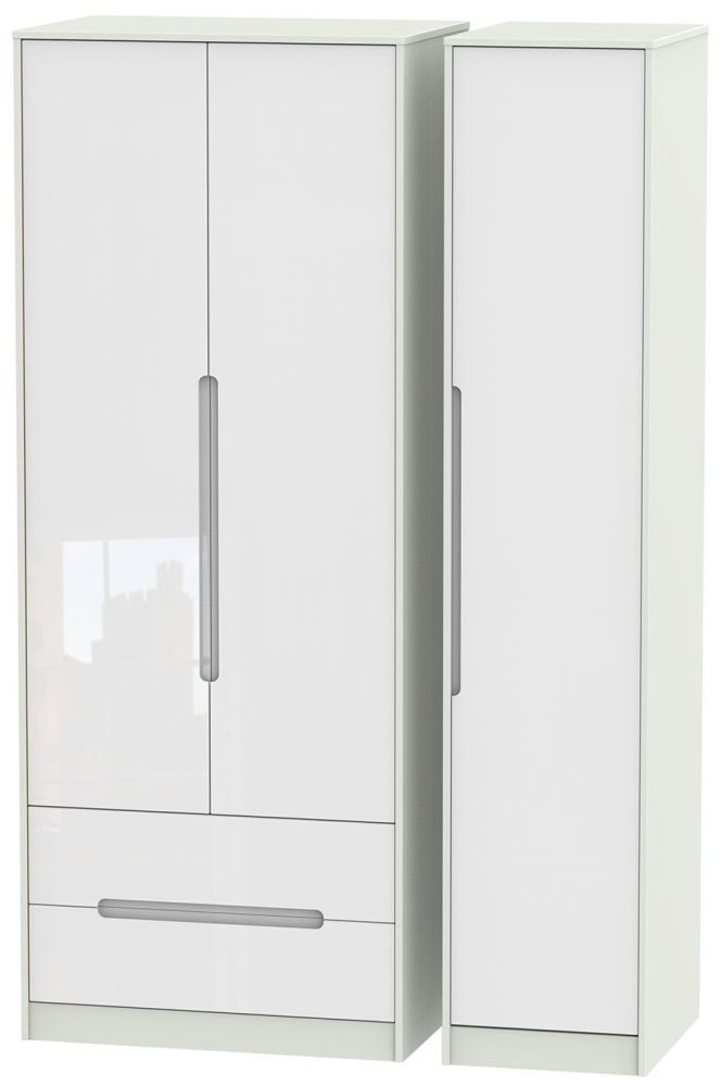 Monaco Wardrobe - 3 Door - LHF 2 Drawers - Tall - Triple - White Gloss and Cashmere