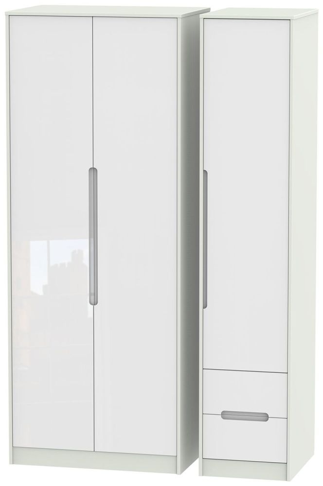 Monaco Wardrobe - 3 Door - RHF 2 Drawers - Tall - Triple - White Gloss and Cashmere
