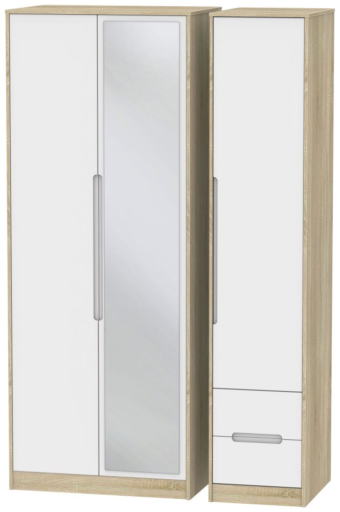 Monaco White Matt and Oak Effect 3 Door Tall Combi Wardrobe - 1 Mirror and RHF 2 Drawers
