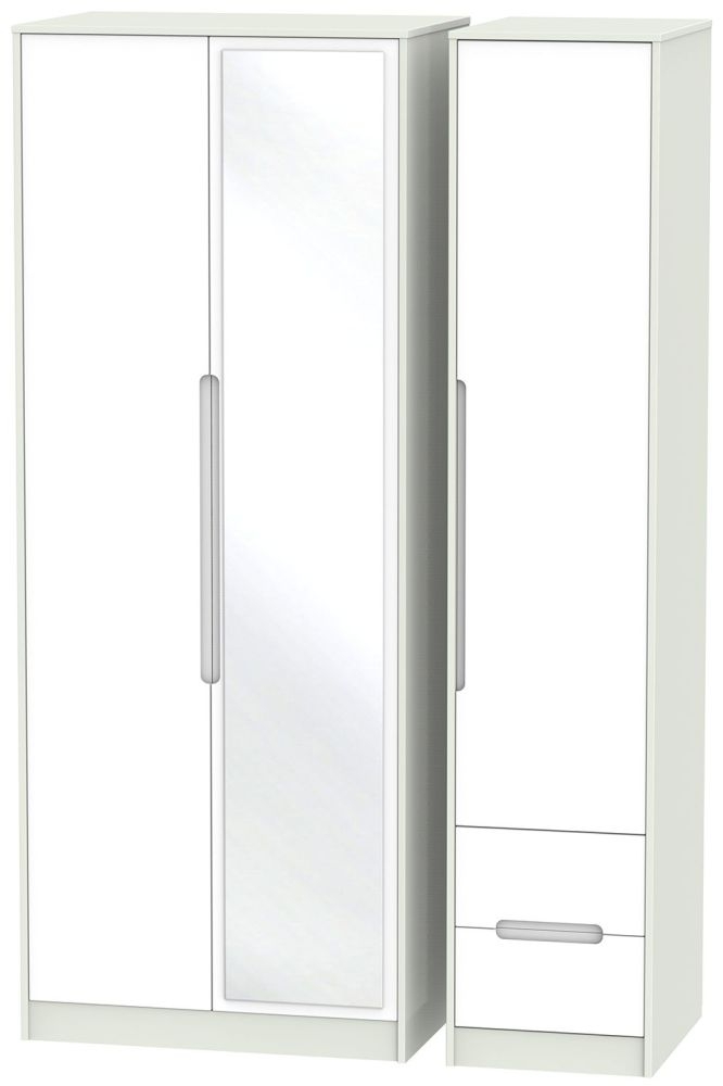 Monaco Wardrobe - 3 Door - 1 Mirror - RHF 2 Drawer - Tall - Combi - White and Cashmere