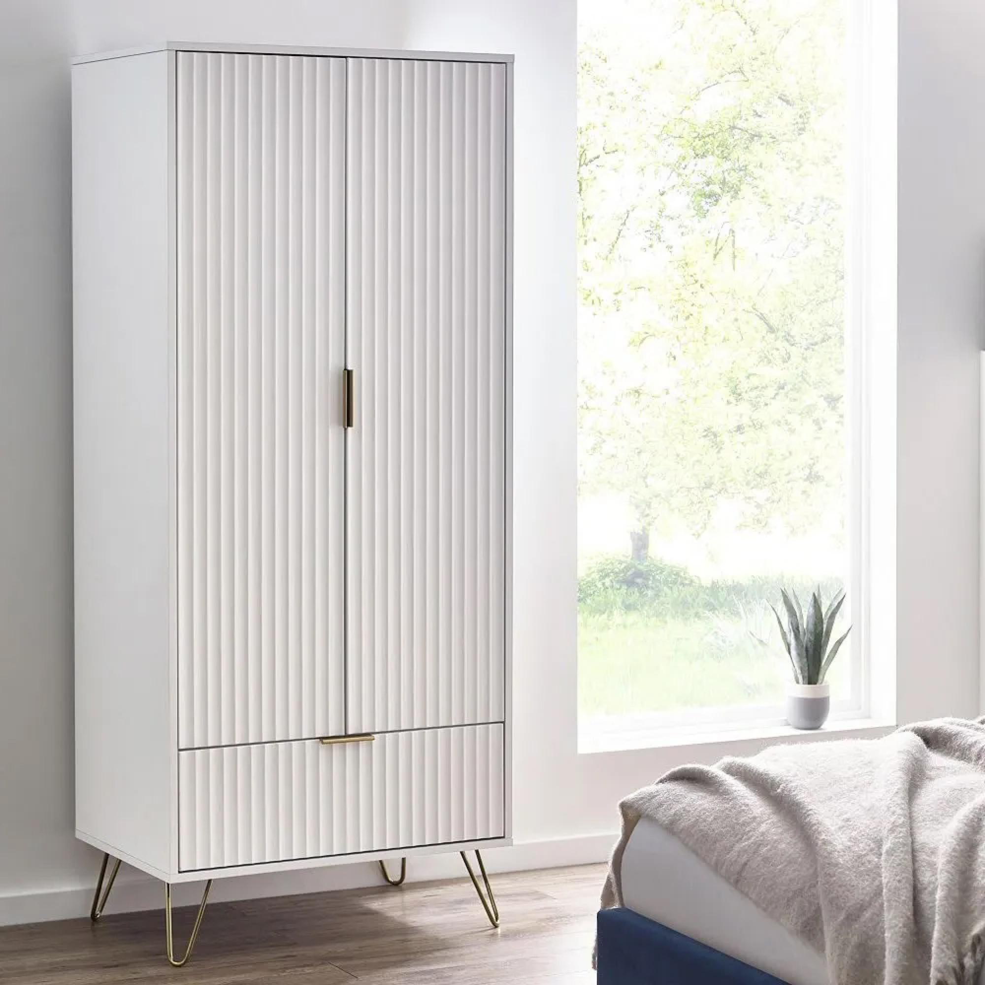 Murano Double Wardrobe - 2 Door - 1 Drawer - Ribbed - White