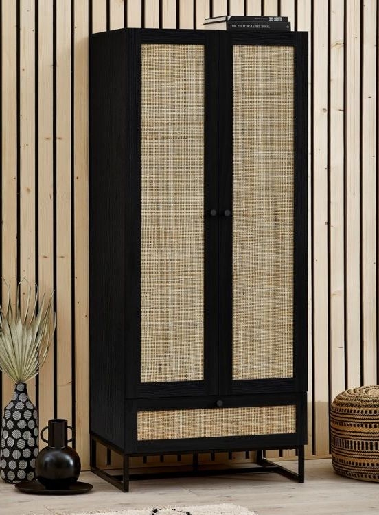 Padstow Double Wardrobe - 2 Door - 1 Drawer - Black and Rattan