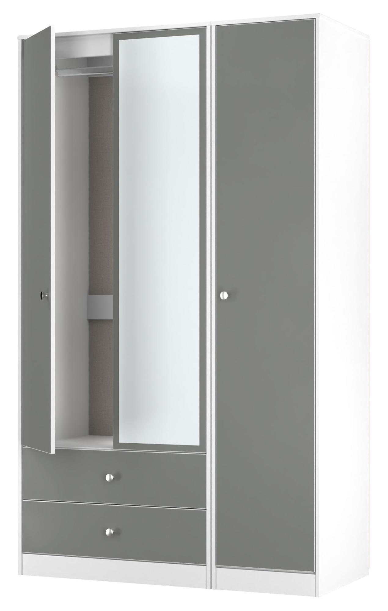 Padstow Wardrobe - 3 Door - 1 Mirror - LHF 2 Drawers - Tall Combi - Grey and White