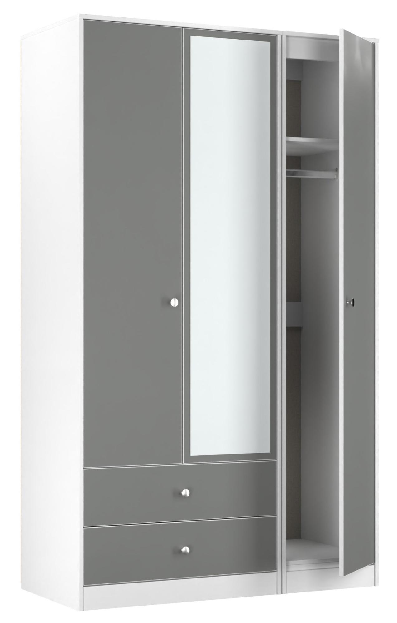 Padstow Wardrobe - 3 Door - 1 Mirror - LHF 2 Drawers - Tall Combi - Grey and White