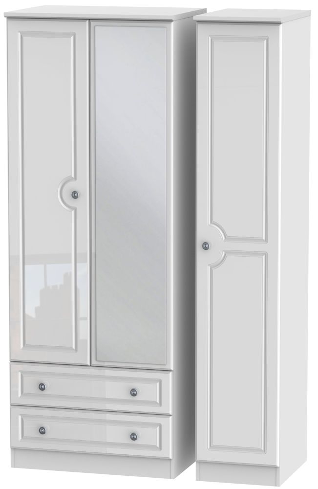 Pembroke White Gloss 3 Door Tall Combi Wardrobe - 1 Mirror and LHF 2 Drawers