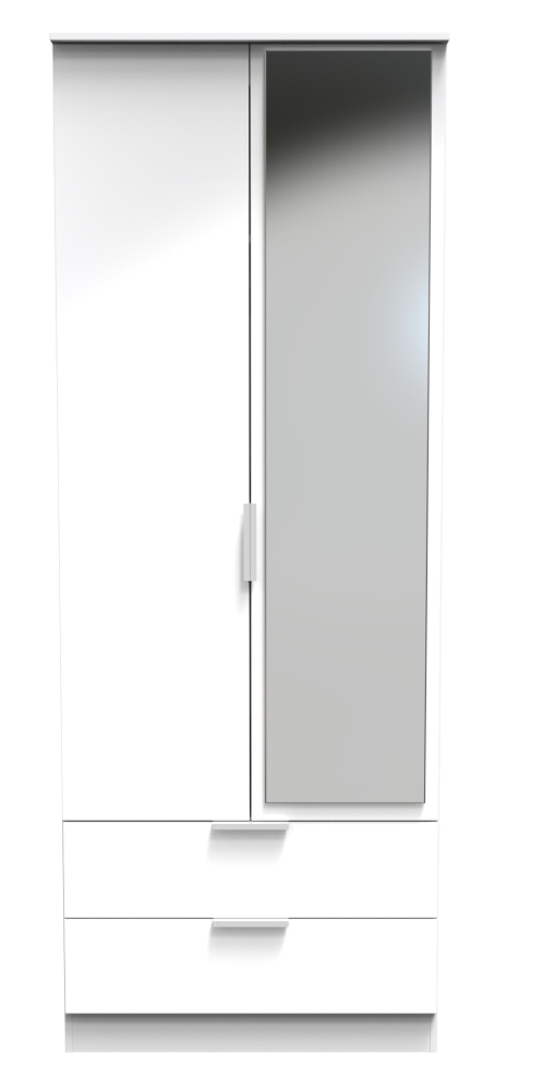 Plymouth Wardrobe - 2 Door - 1 Mirror - Tall - Combi - White Gloss