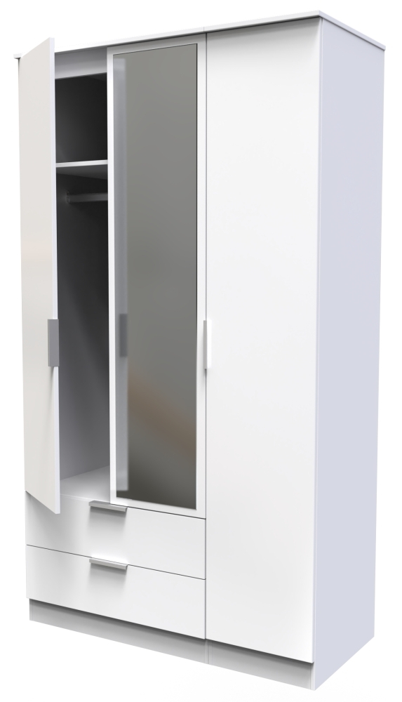 Plymouth Wardrobe - 3 Door - 1 Mirror - LHF 2 Drawers - Tall - Combi - White Gloss