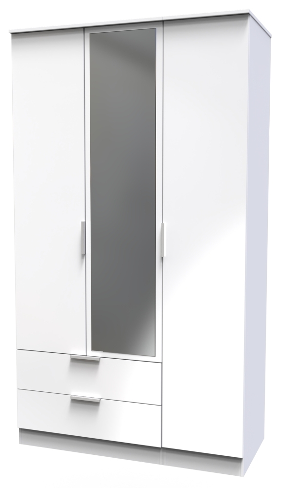 Plymouth Wardrobe - 3 Door - 1 Mirror - LHF 2 Drawers - Tall - Combi - White Gloss