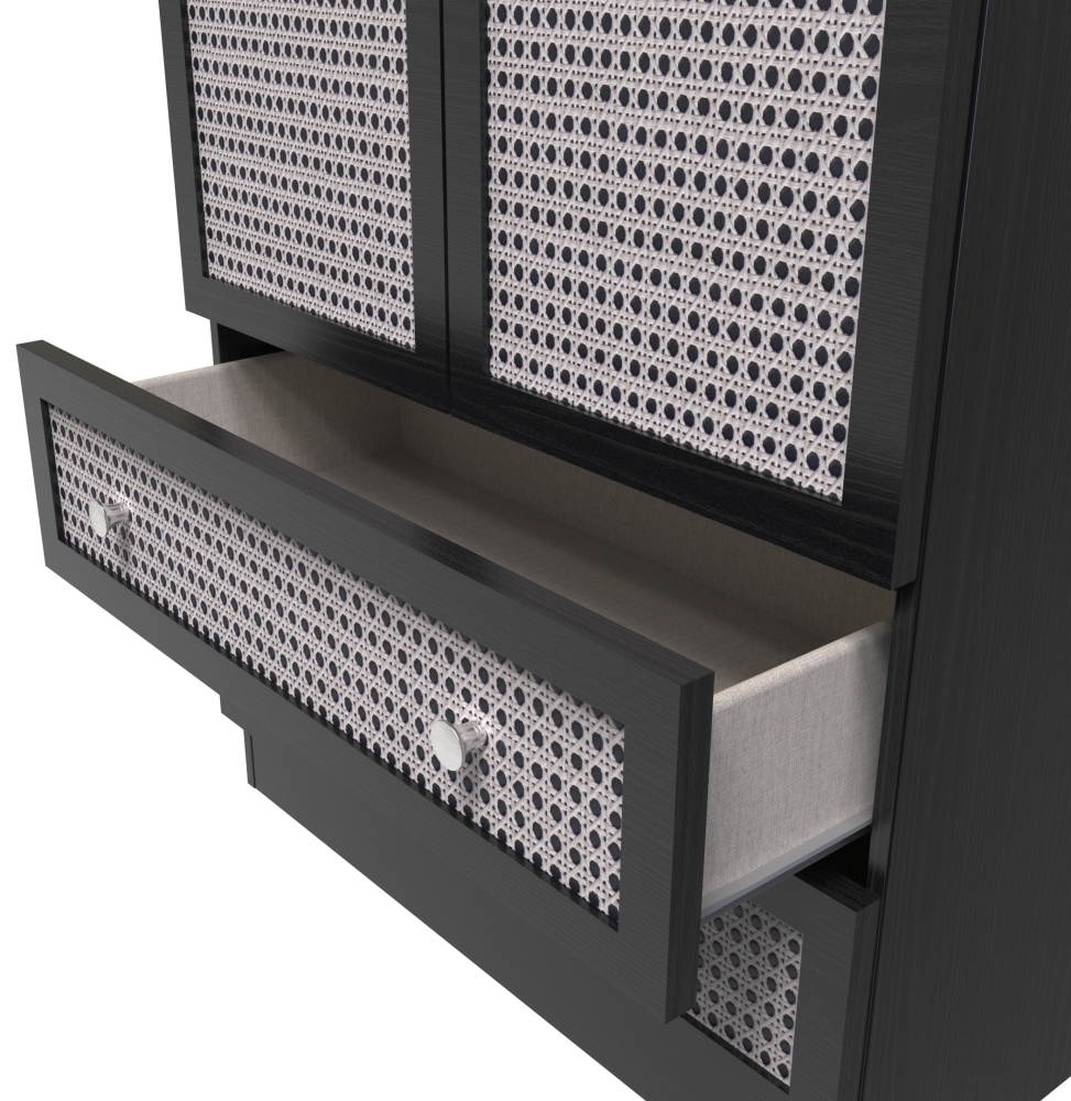 Rattan and Black Ash Wardrobe - 2 Door - 2 Drawer - Double