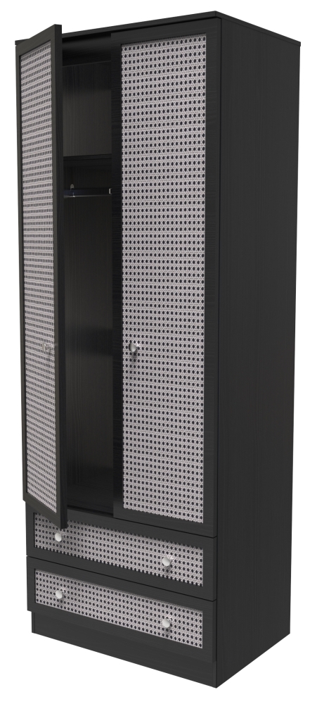 Rattan and Black Ash Wardrobe - 2 Door - 2 Drawer - Double