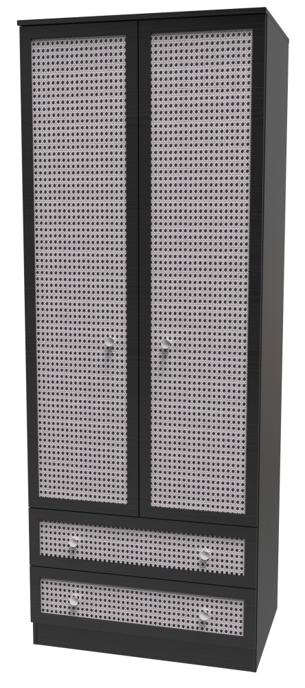 Rattan and Black Ash Wardrobe - 2 Door - 2 Drawer - Double