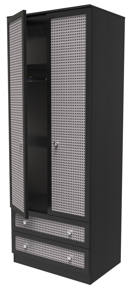 Rattan and Black Ash Wardrobe - 2 Door - 2 Drawer - Tall