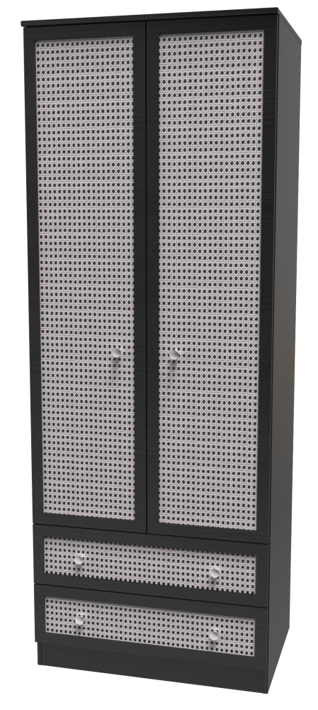 Rattan and Black Ash Wardrobe - 2 Door - 2 Drawer - Tall