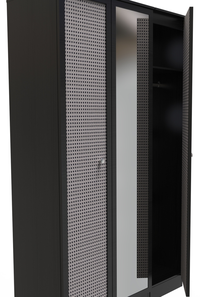 Rattan and Black Ash Wardrobe - 3 Door - 1 Mirror - Triple