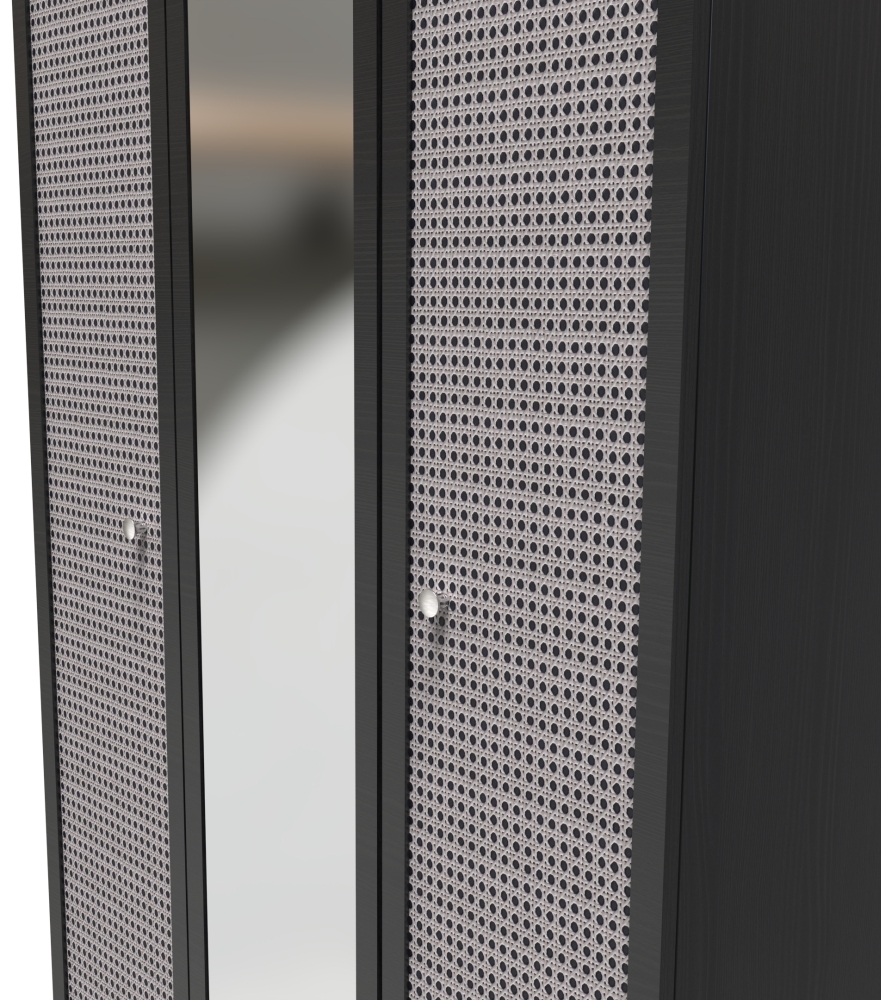 Rattan and Black Ash Wardrobe - 3 Door - 1 Mirror - Triple